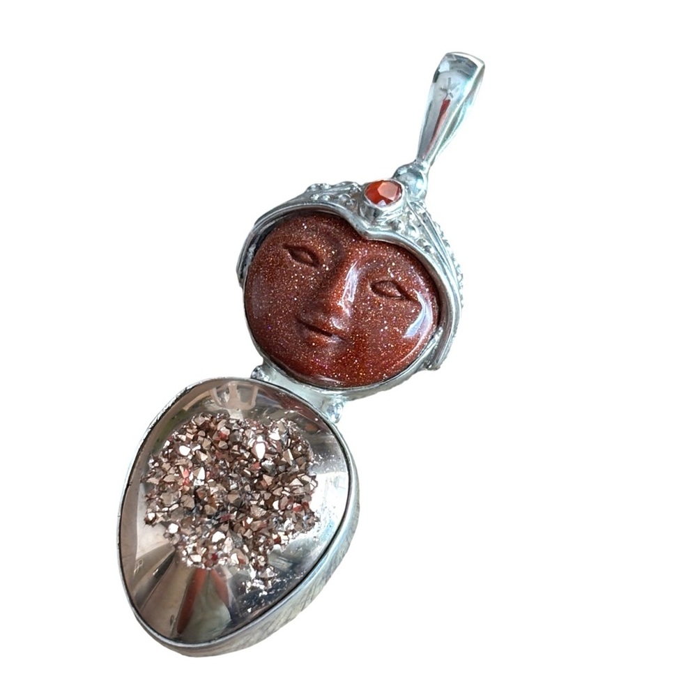 Sajen Sterling Silver Moon Pendant Goldstone Druzy Heavy Mystical